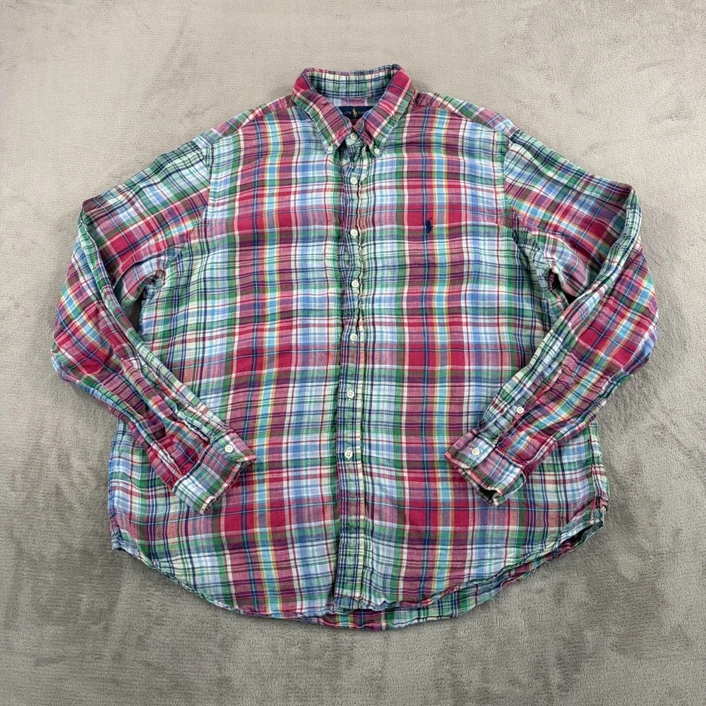 Polo Ralph Lauren 100% Linen Multi Madras Plaid Shirt Men 2XL Pony Preppy